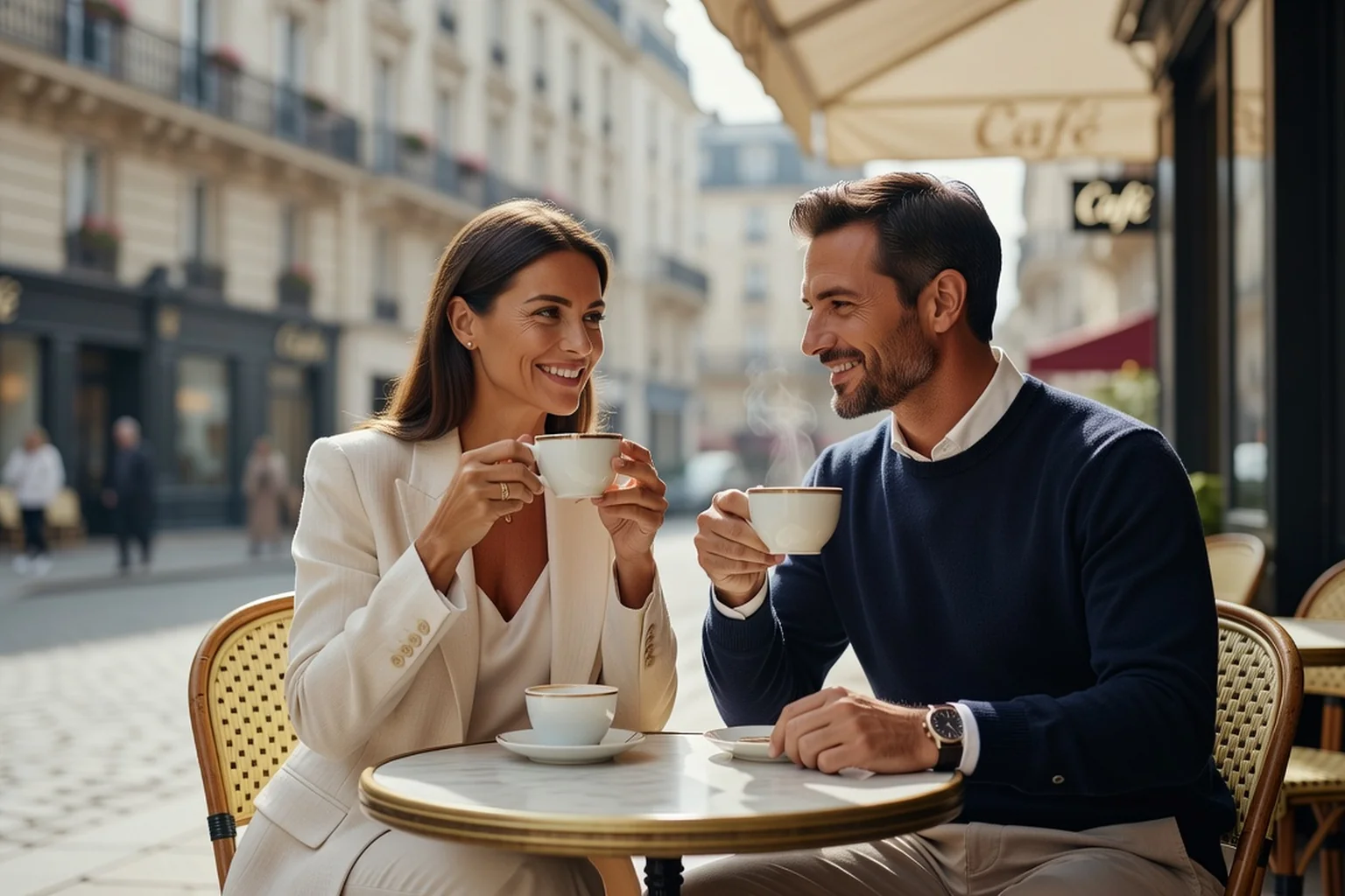 Couple adulte savourant un café en terrasse pendant que les enfants sont à l'école, complicité et sérénité sur les visages