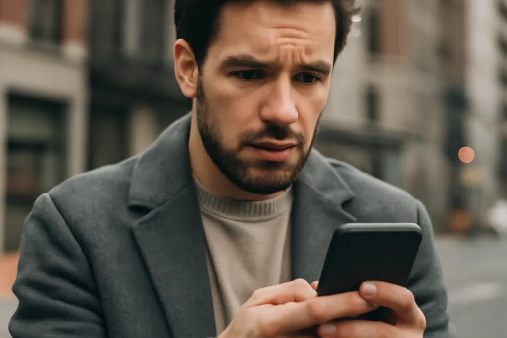 Personne examinant attentivement des messages suspects sur son téléphone, expression de doute et de vigilance