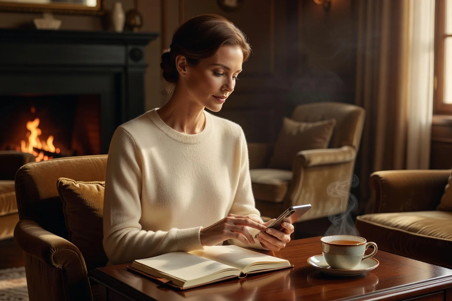 Femme adulte réservée rédigeant calmement un message sur une application de rencontre, tasse de thé à côté, ambiance feutrée