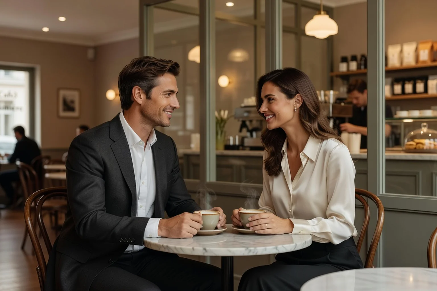 Deux personnes échangeant dans un café calme lors d'un premier rendez-vous, lumière naturelle douce et ambiance détendue