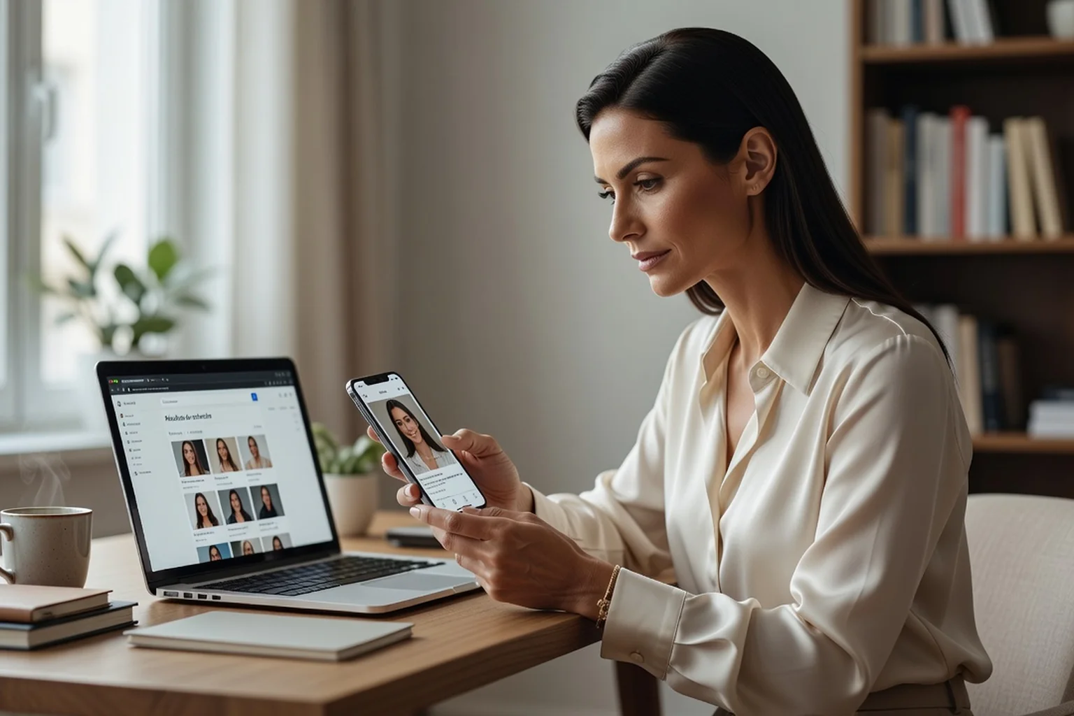 Femme adulte utilisant un ordinateur portable pour comparer une photo de profil de rencontre avec les résultats d'une recherche d'image inversée, expression concentrée