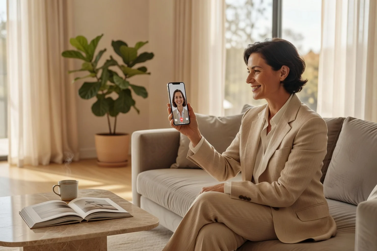 Adulte souriant rassuré pendant un appel vidéo avec une correspondance de site de rencontre, téléphone posé sur la table du salon