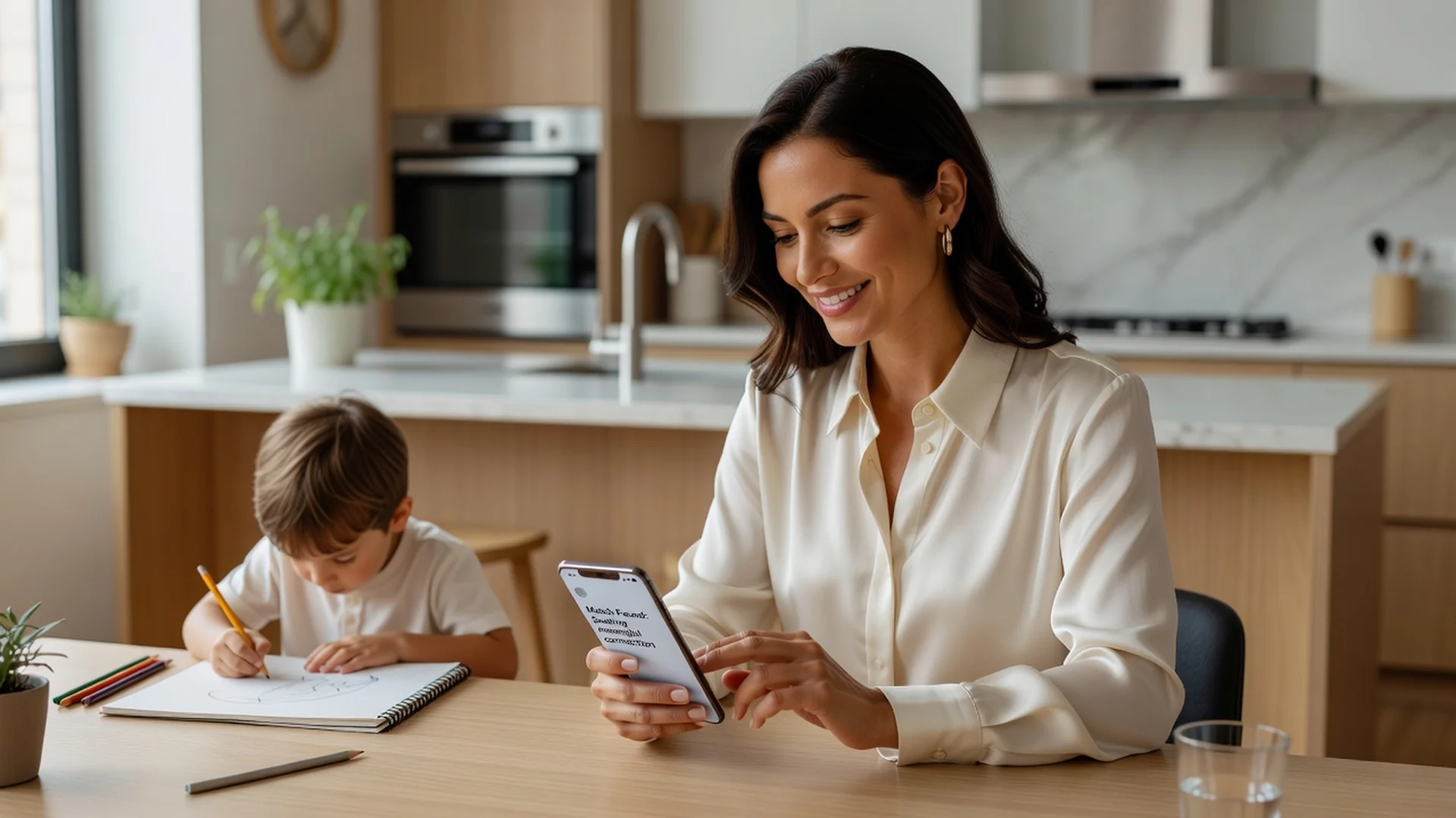 Femme adulte souriante consultant une application de rencontre sérieuse sur son téléphone pendant que son enfant dessine en arrière-plan flou