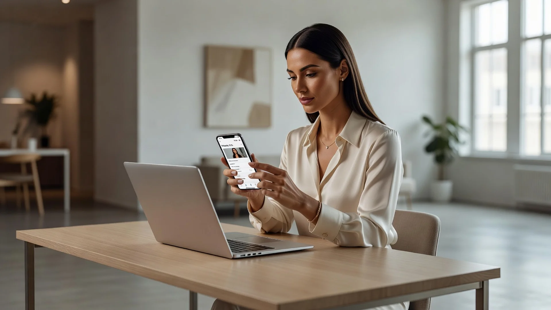 Femme adulte vigilant vérifiant un profil de rencontre sur son téléphone, expression attentive et concentrée